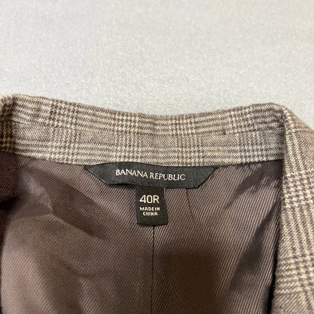 Banana Republic Blazer Jacket Men's 40R Gray Cotton Plaid Slim Fit Notch Lapel